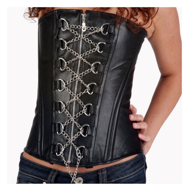 Women Goth Overbust Corset Front Lacing Iron Chain Cloth 